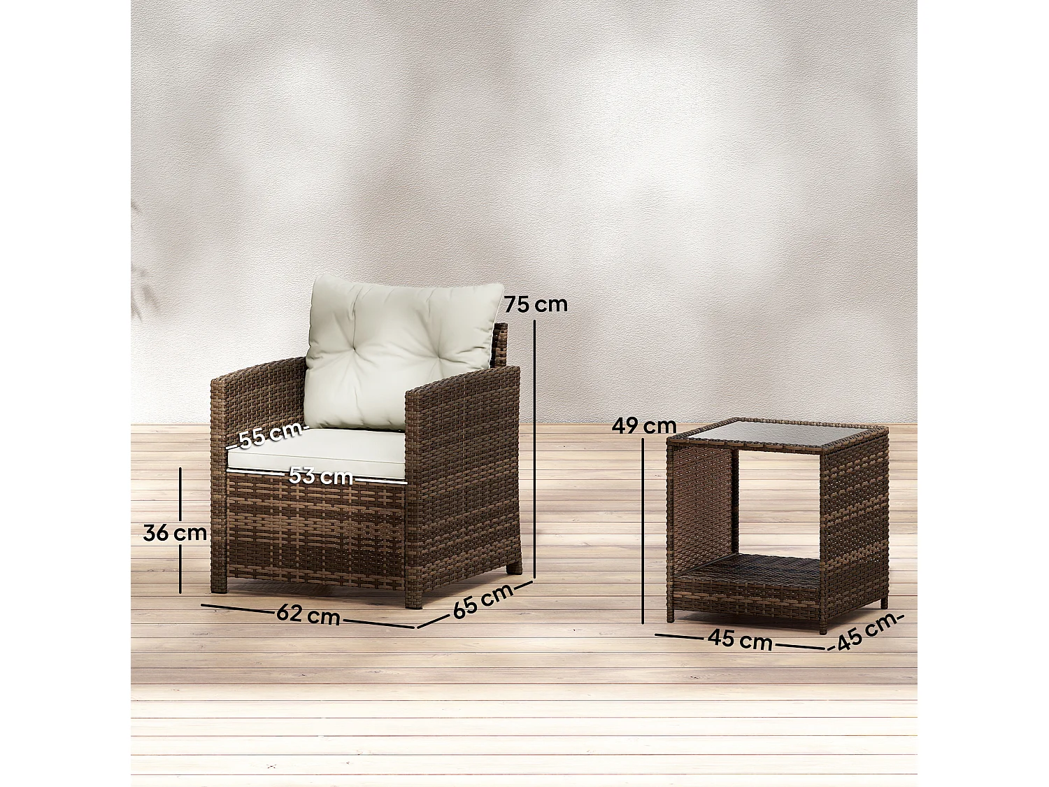 Set da giardino 3pz 2 poltrone e tavolino marrone crema