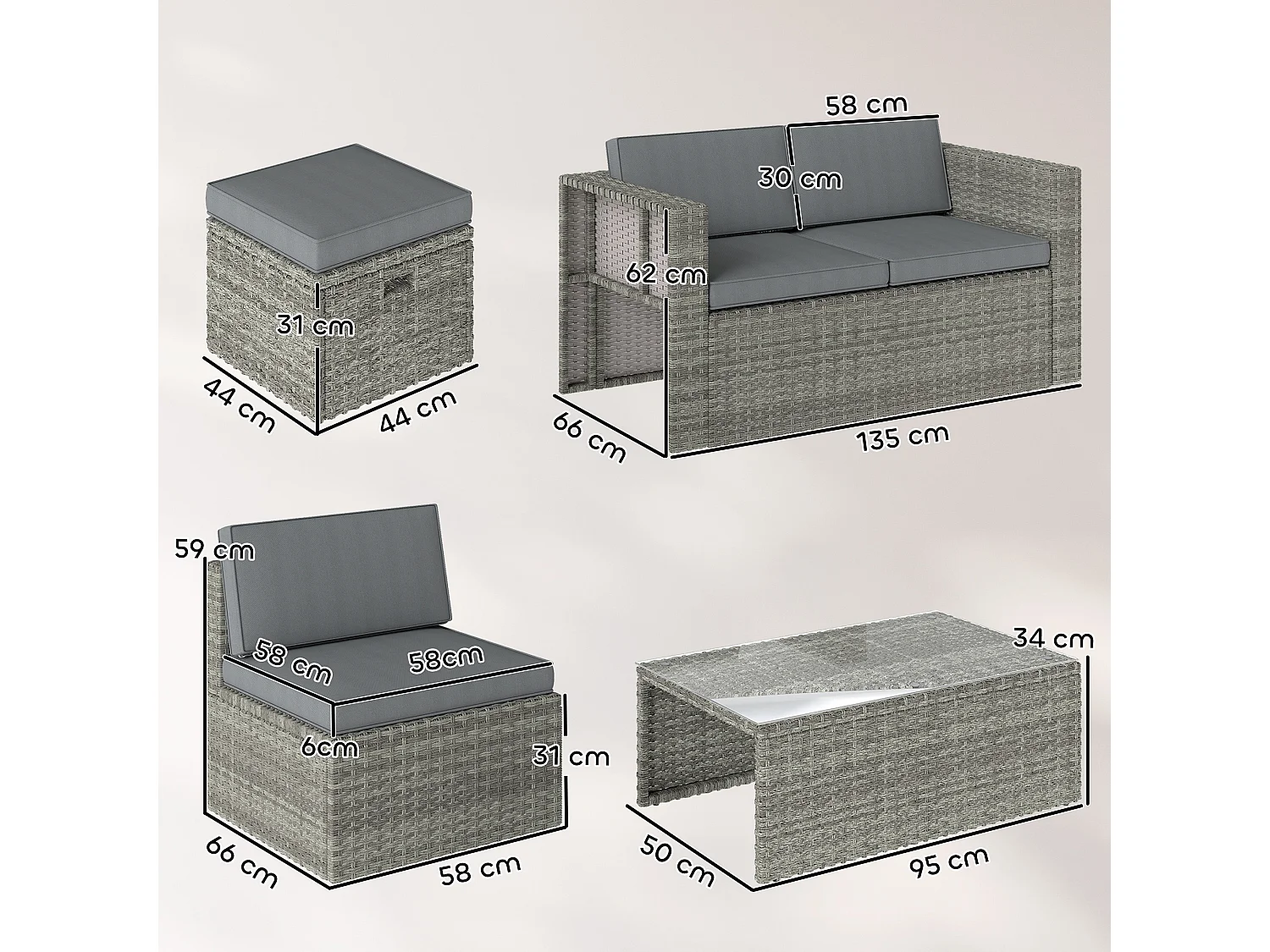 Set da esterno 6pz con divano sedie 3 pouf grigio scuro