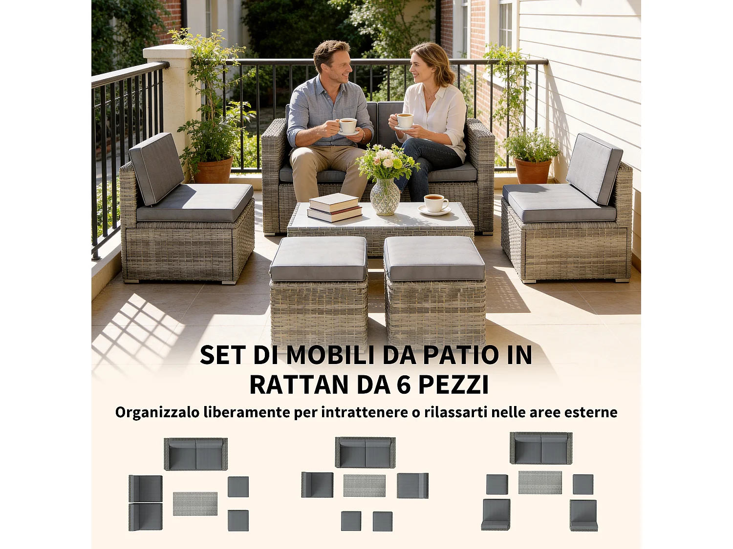 Set da esterno 6pz con divano sedie 3 pouf grigio scuro