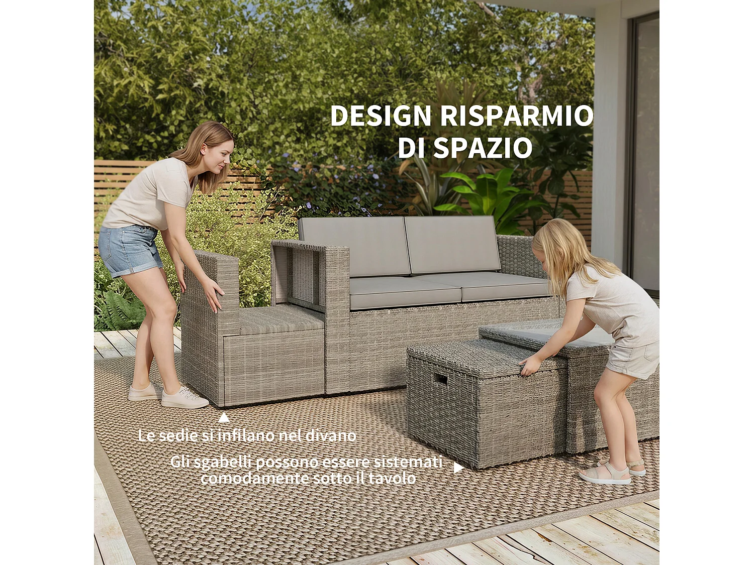 Set da esterno 6pz con divano sedie 3 pouf grigio scuro