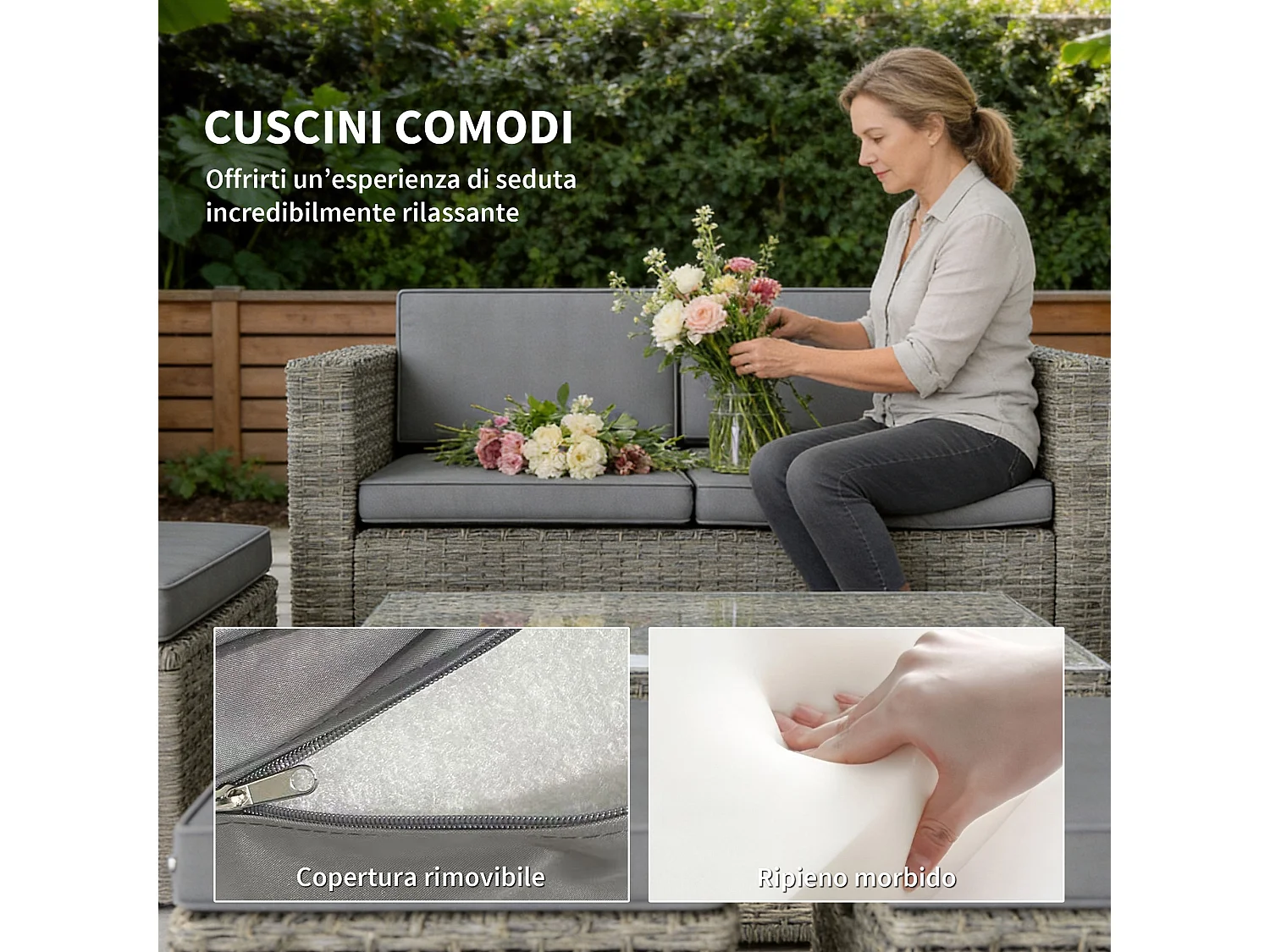 Set da esterno 6pz con divano sedie 3 pouf grigio scuro