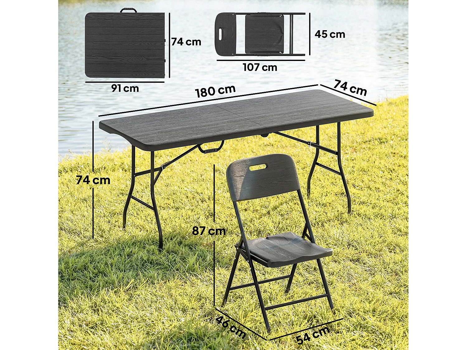 Set tavolo e sedie da campeggio 5 pz in metallo e hdpe nero