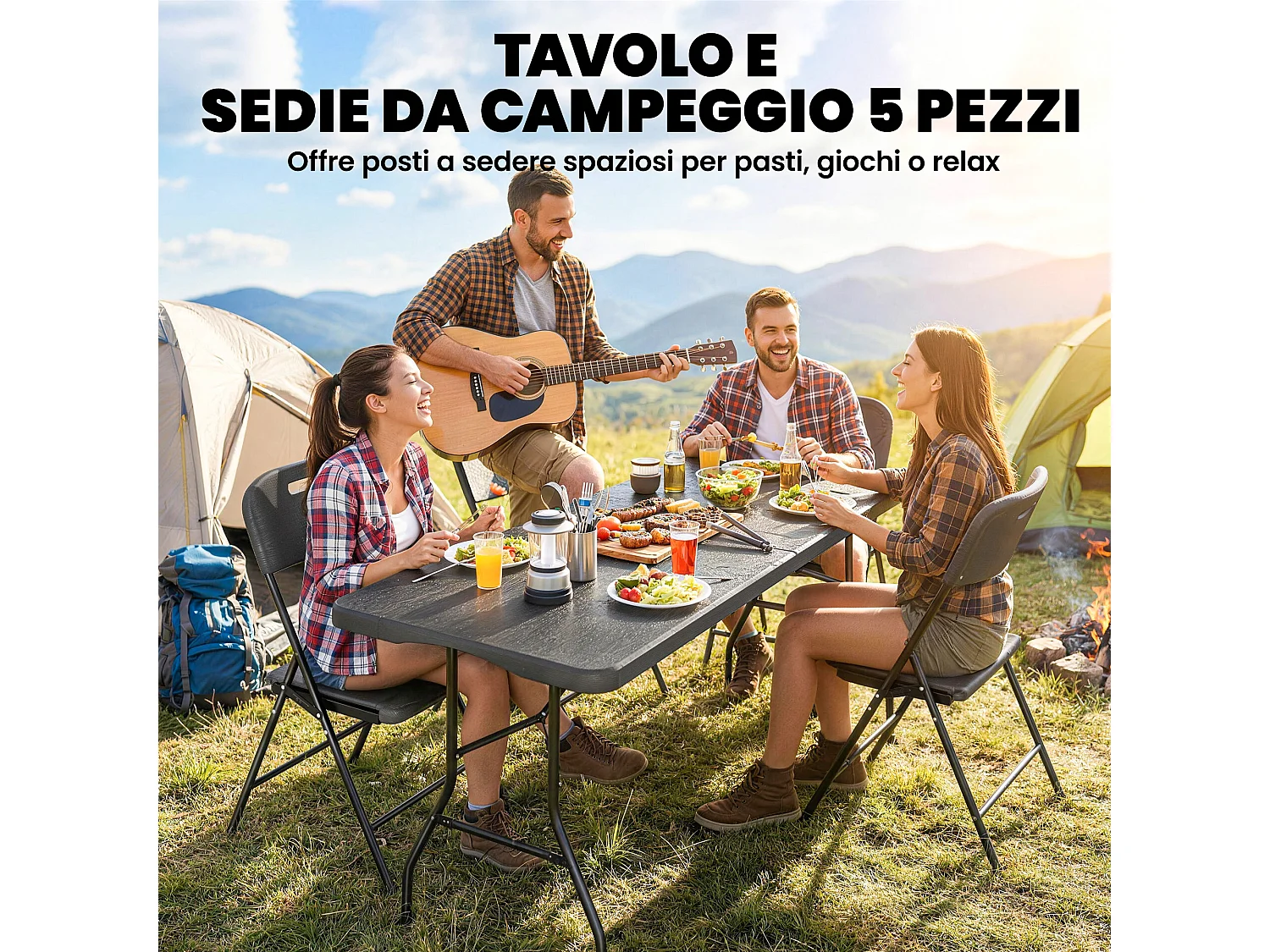 Set tavolo e sedie da campeggio 5 pz in metallo e hdpe nero