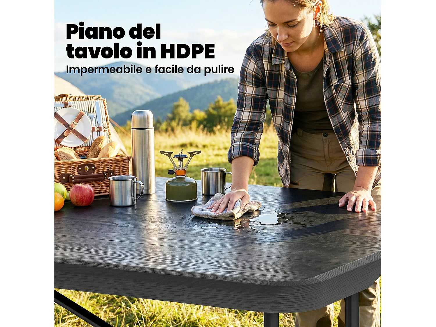 Set tavolo e sedie da campeggio 5 pz in metallo e hdpe nero