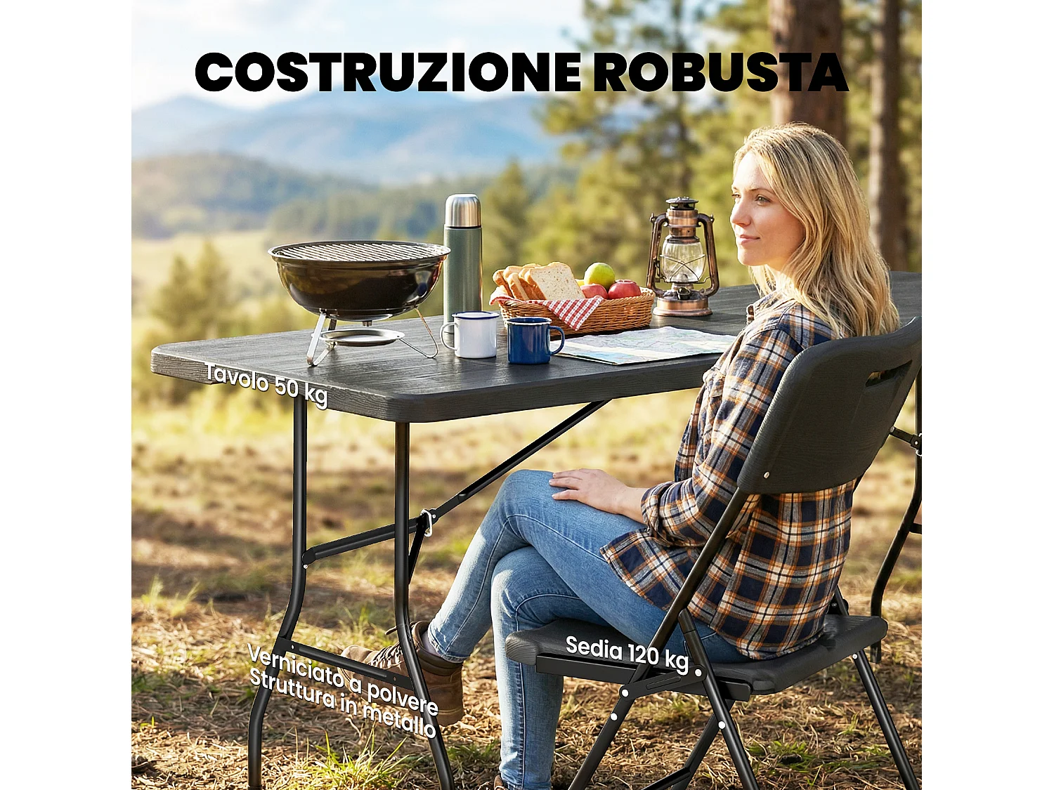 Set tavolo e sedie da campeggio 5 pz in metallo e hdpe nero