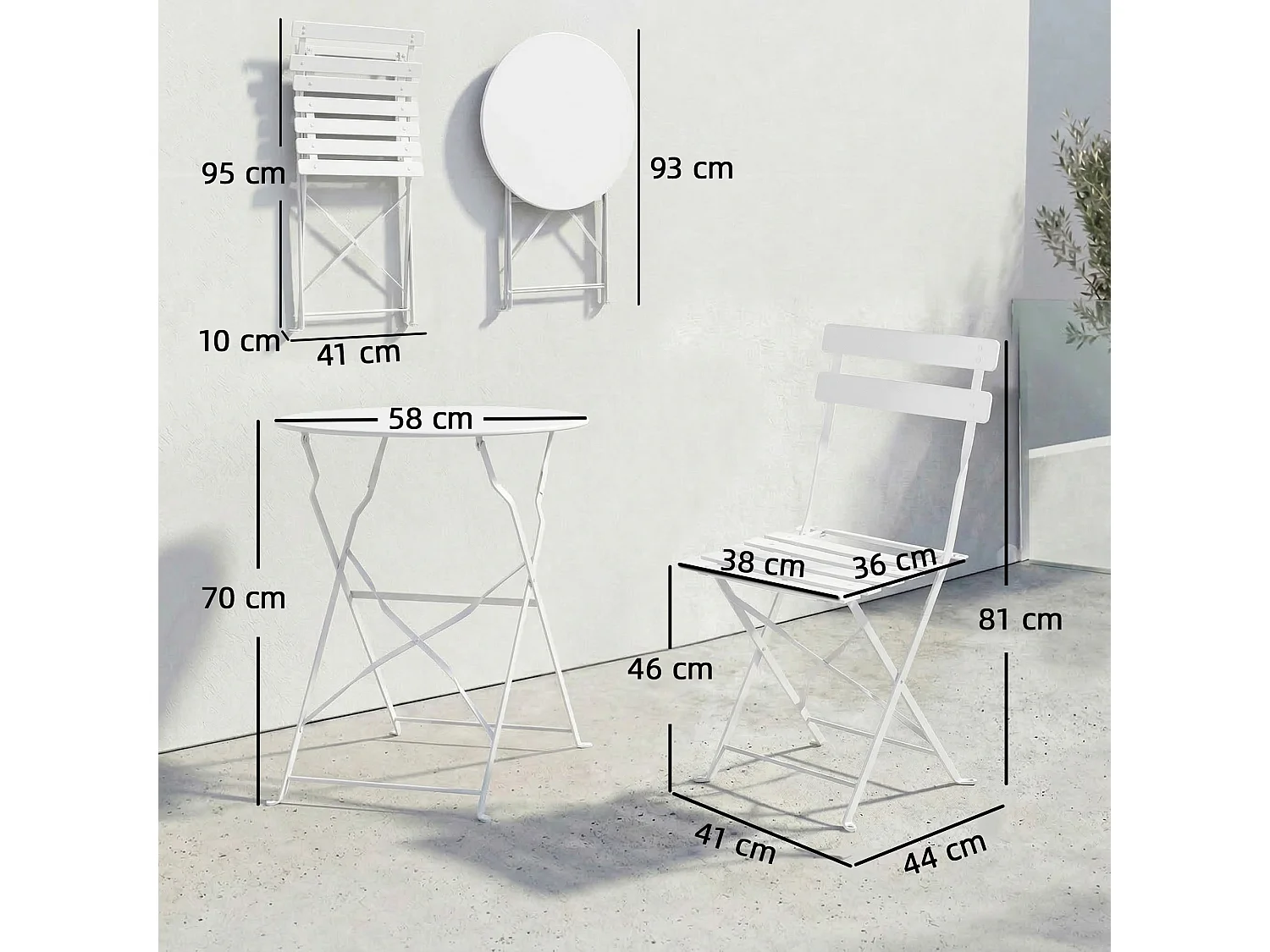 Set bistrò pieghevole da esterno in metallo bianco