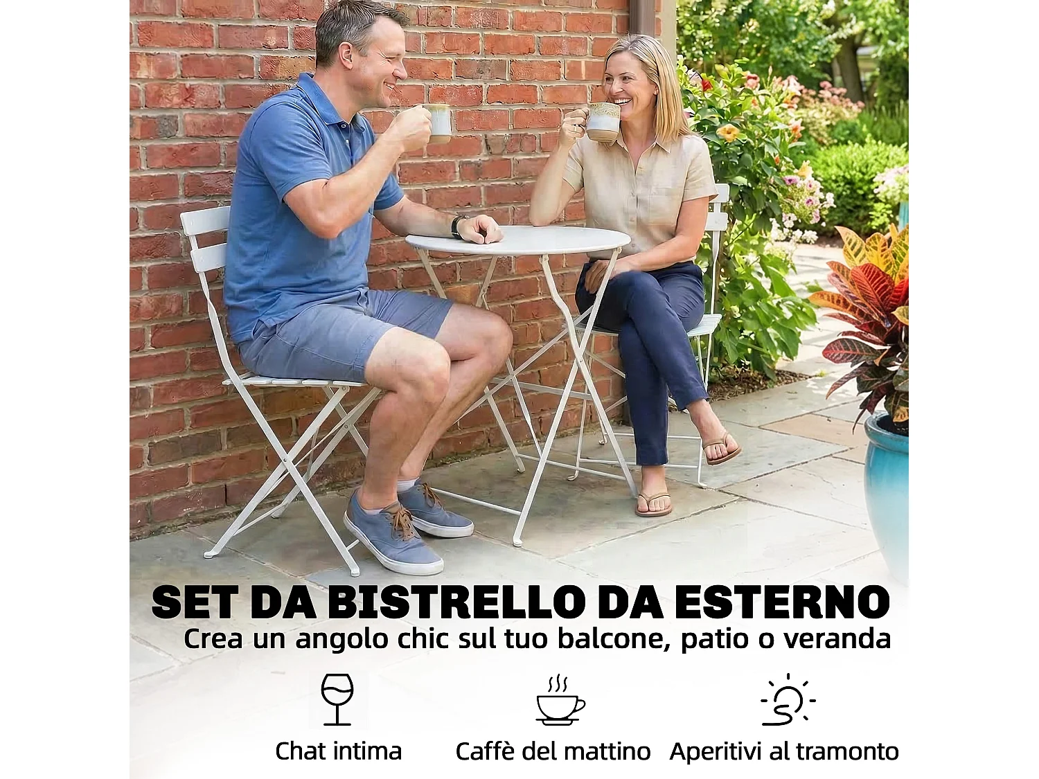 Set bistrò pieghevole da esterno in metallo bianco