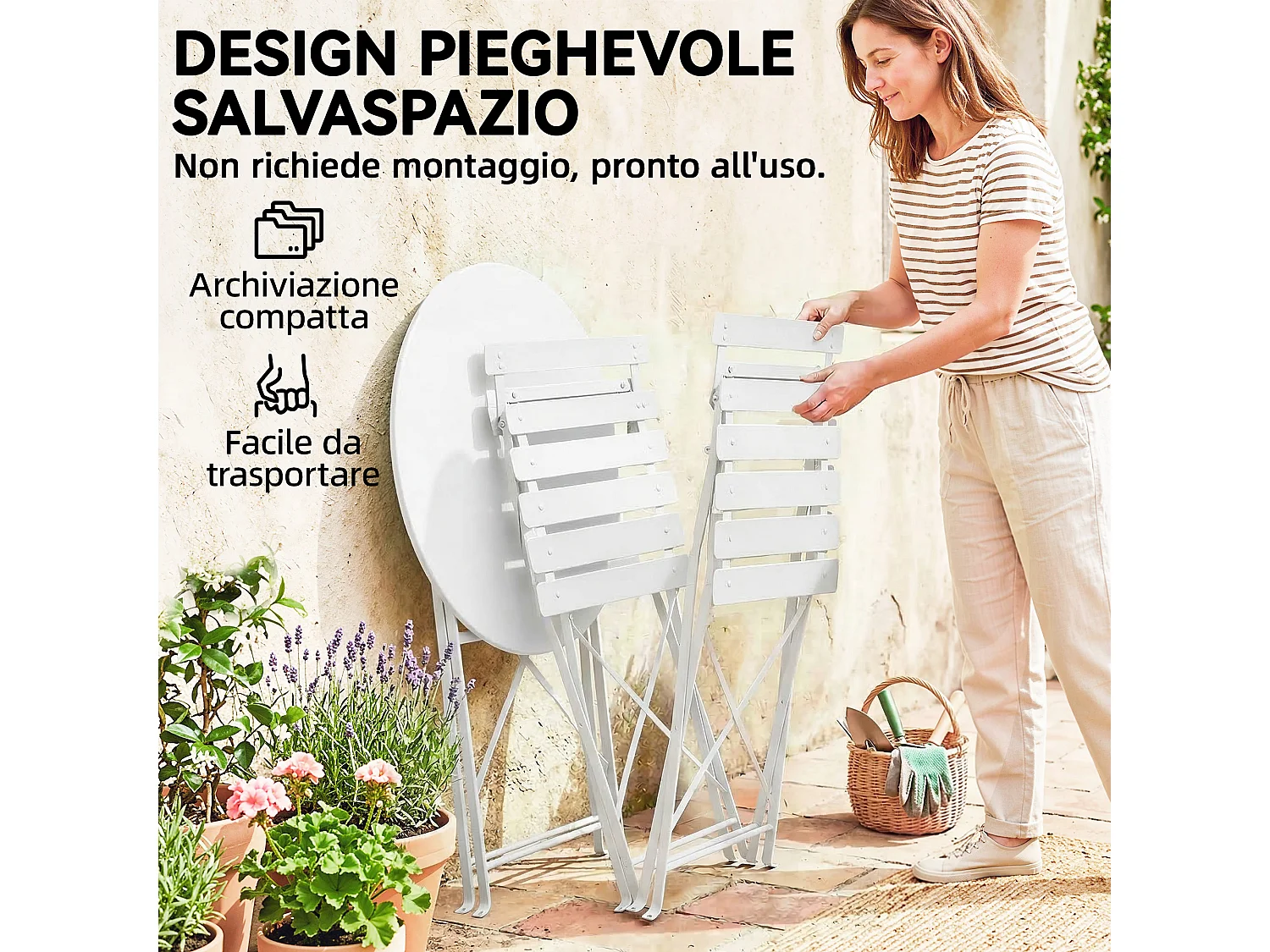 Set bistrò pieghevole da esterno in metallo bianco
