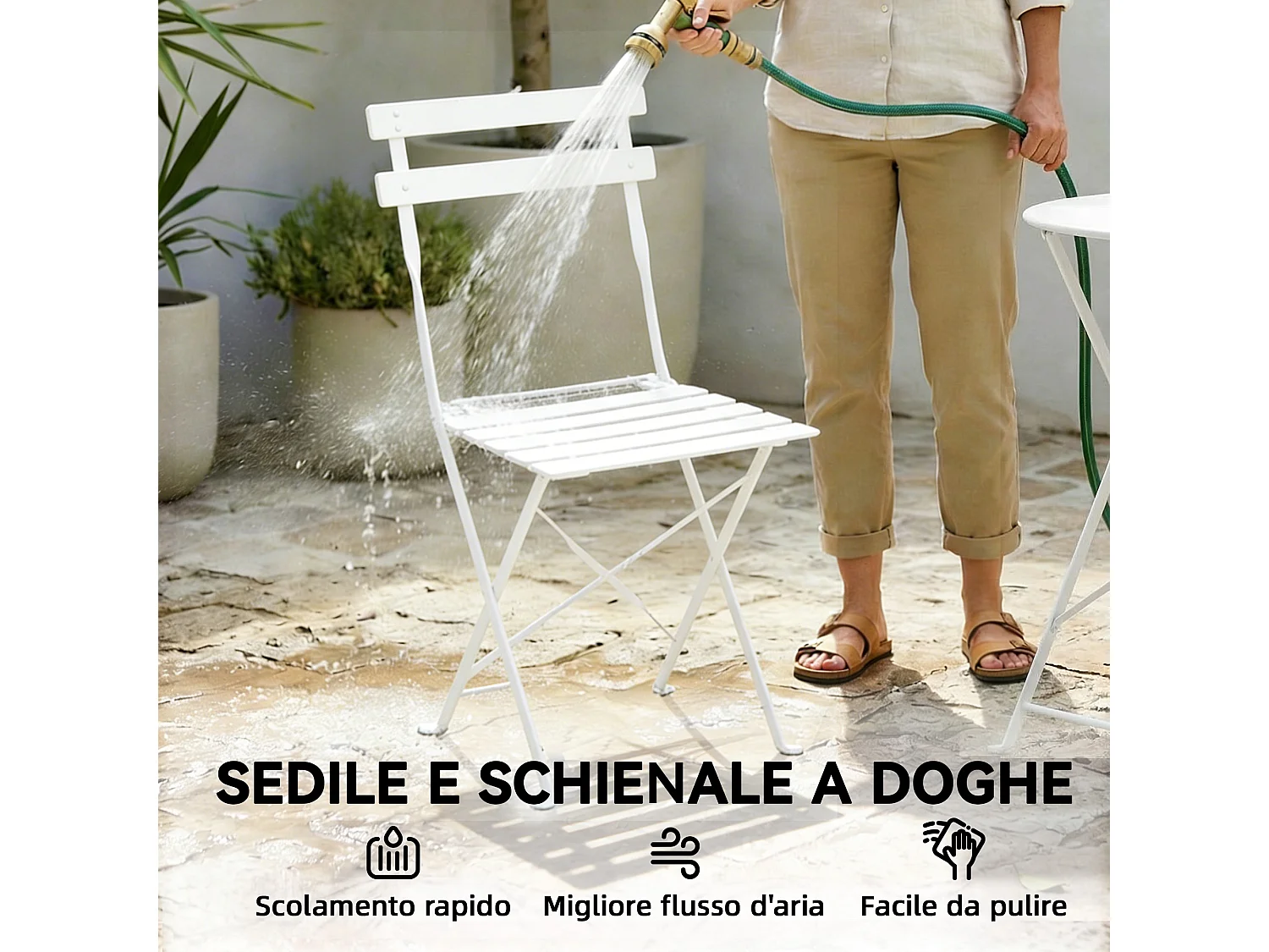 Set bistrò pieghevole da esterno in metallo bianco