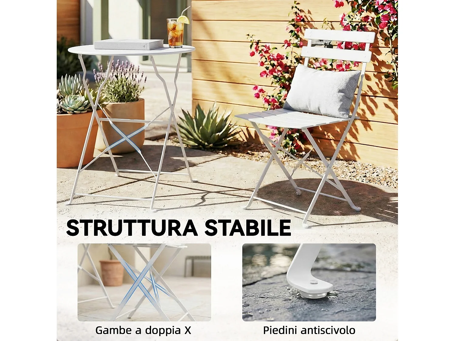 Set bistrò pieghevole da esterno in metallo bianco