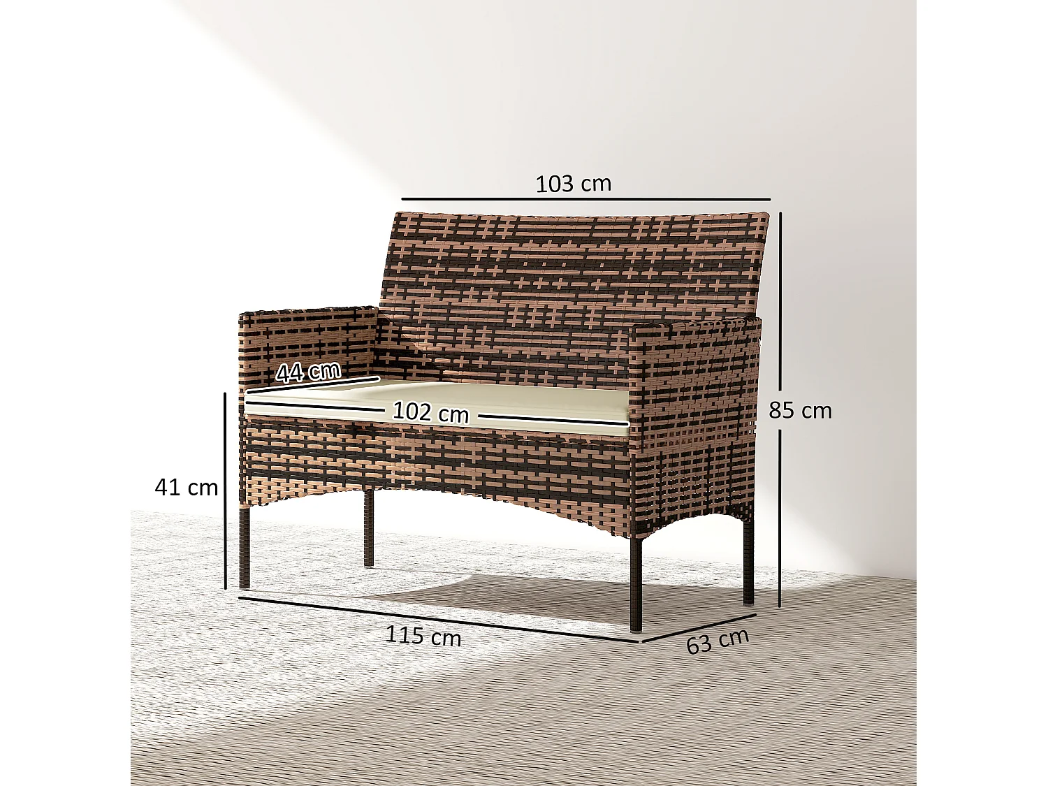 Divano da giardino 2 posti con cuscini e tappetini beige