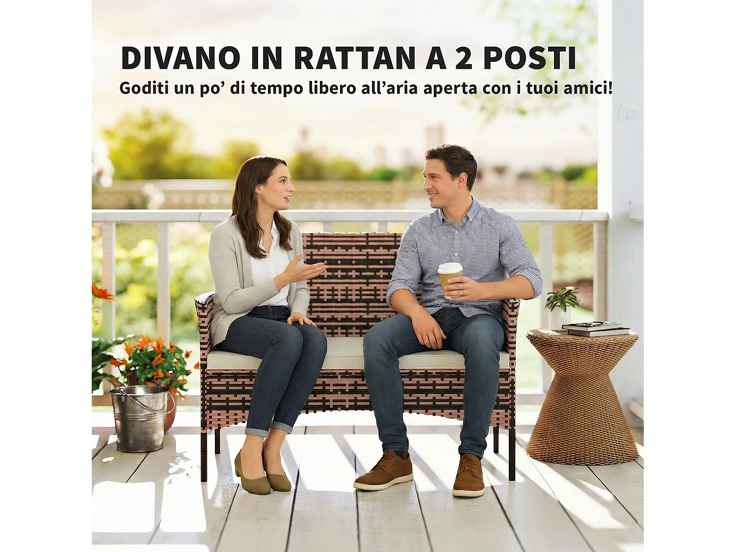 Divano da giardino 2 posti con cuscini e tappetini beige