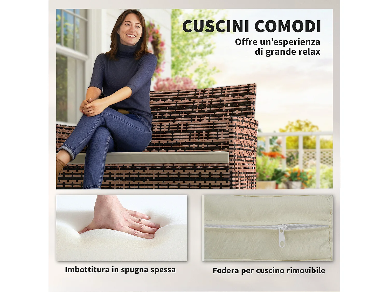 Divano da giardino 2 posti con cuscini e tappetini beige