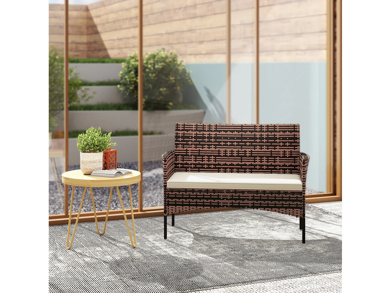 Divano da giardino 2 posti con cuscini e tappetini beige