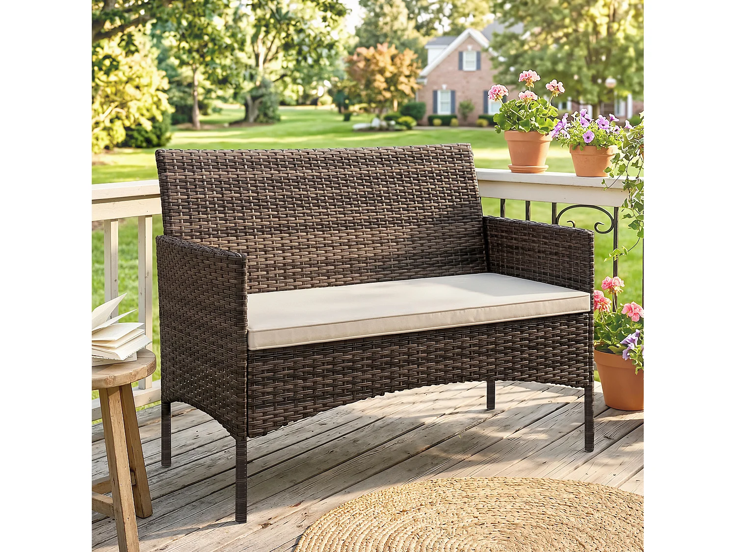 Divano da giardino 2 posti con cuscini e tappetini beige