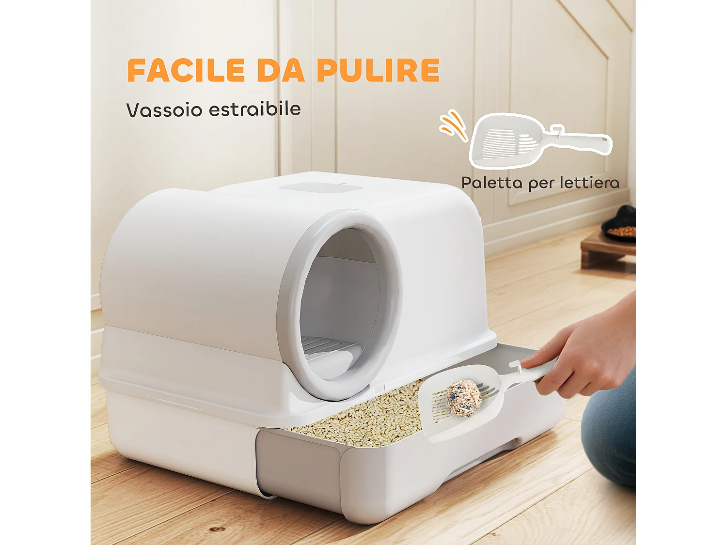 Lettiera per gatti con coperchio, paletta e sacchetti, bianco e grigio