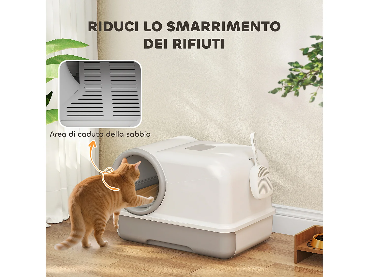Lettiera per gatti con coperchio, paletta e sacchetti, bianco e grigio