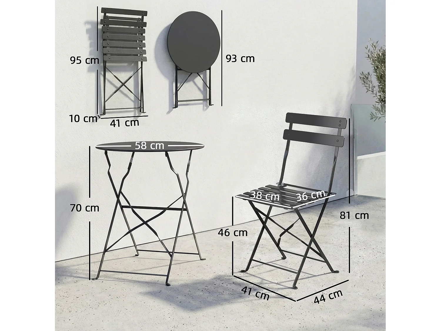 Set bistrò da esterno pieghevole in metallo nero