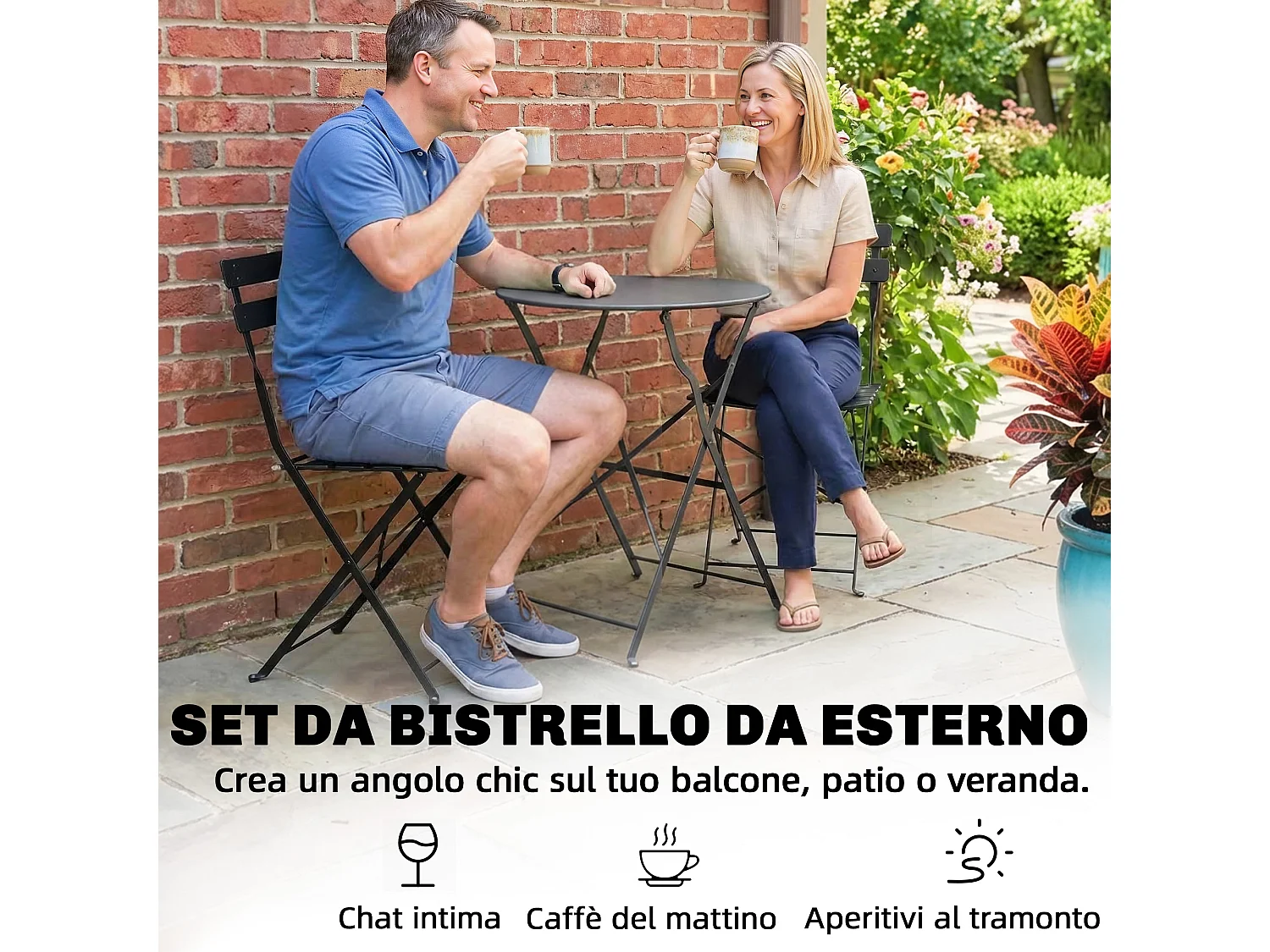 Set bistrò da esterno pieghevole in metallo nero