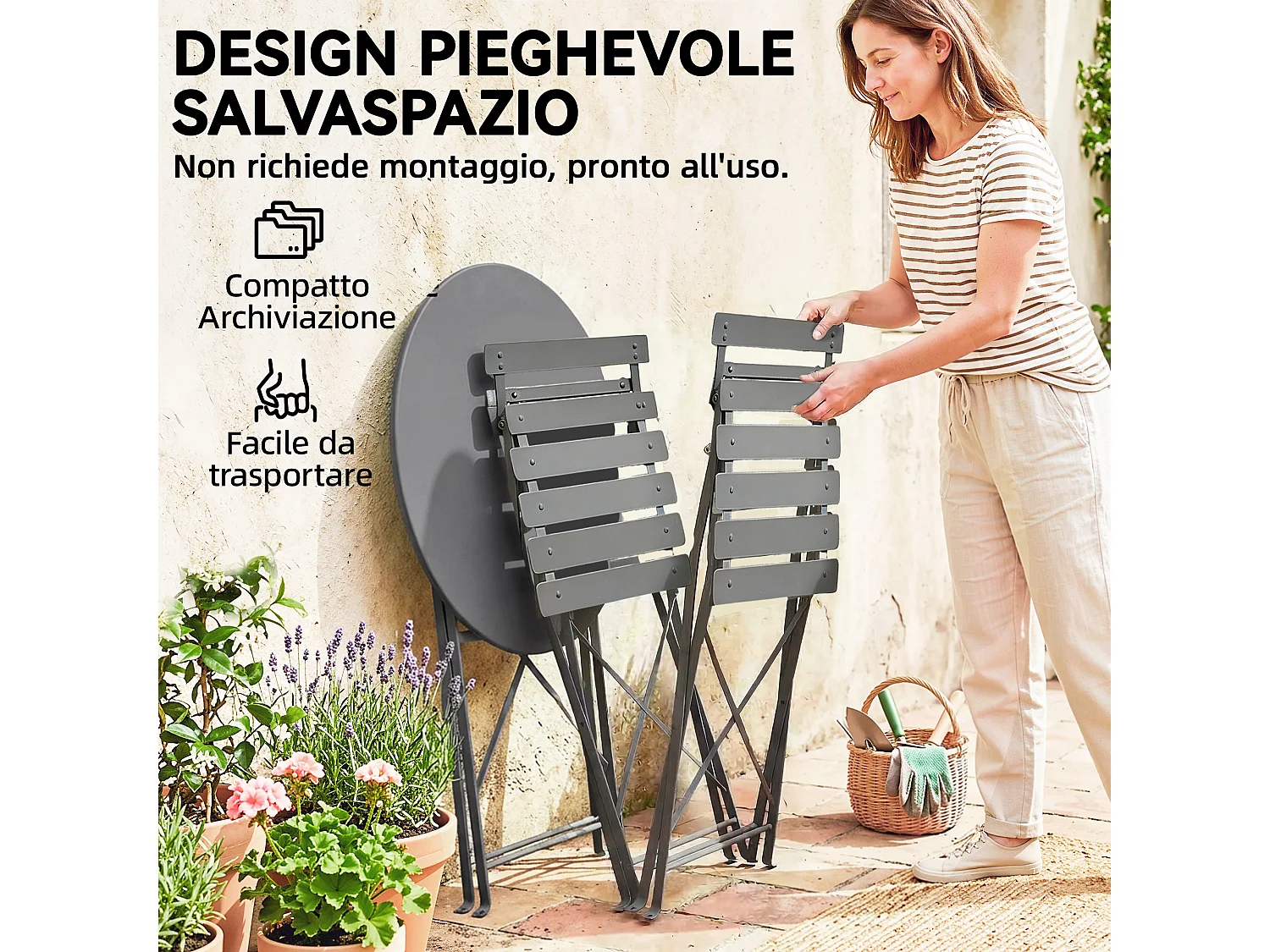 Set bistrò da esterno pieghevole in metallo nero