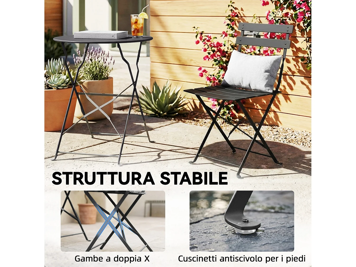 Set bistrò da esterno pieghevole in metallo nero