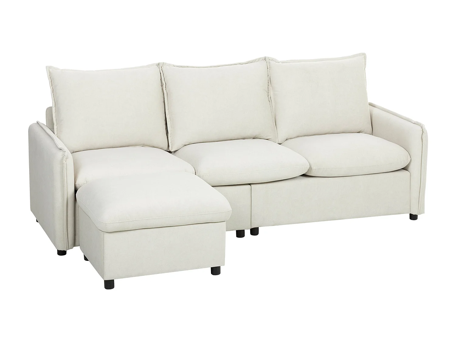 Divano angolare 3 posti con pouf in tessuto effetto pelle bianco crema