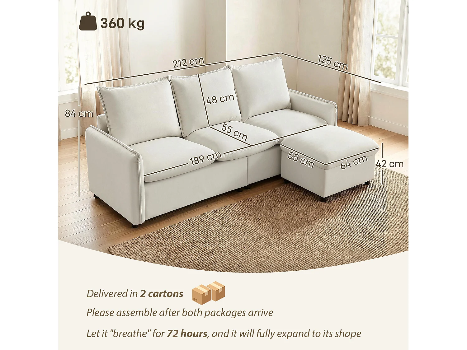 Divano angolare 3 posti con pouf in tessuto effetto pelle bianco crema