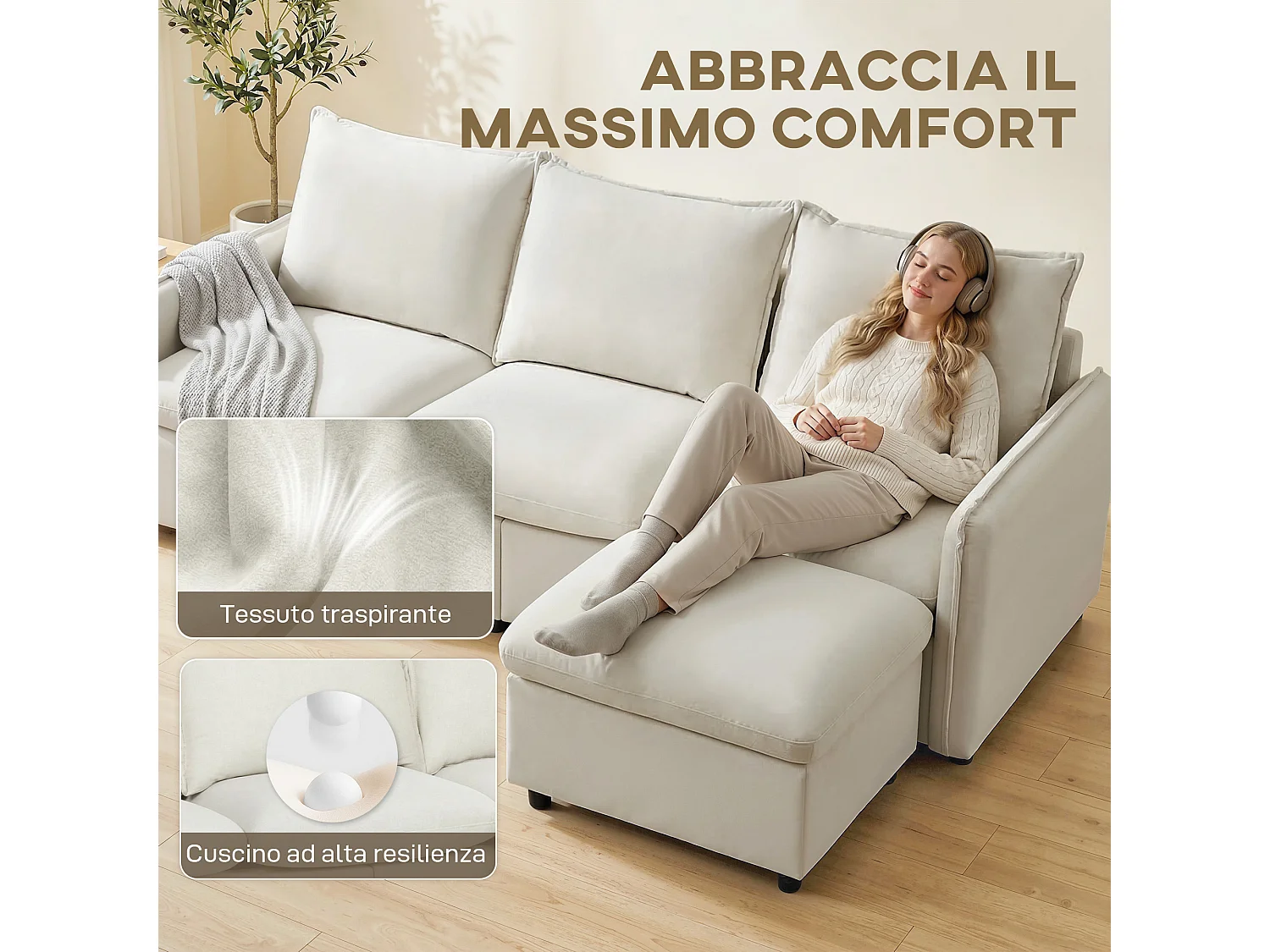 Divano angolare 3 posti con pouf in tessuto effetto pelle bianco crema