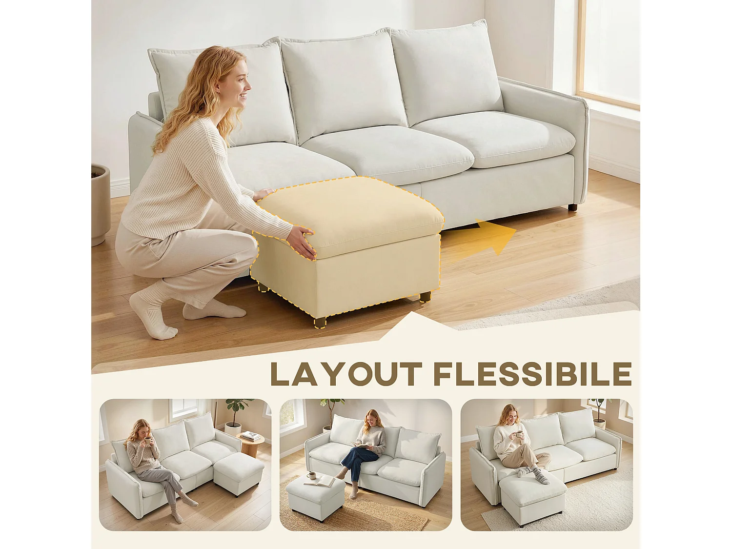 Divano angolare 3 posti con pouf in tessuto effetto pelle bianco crema