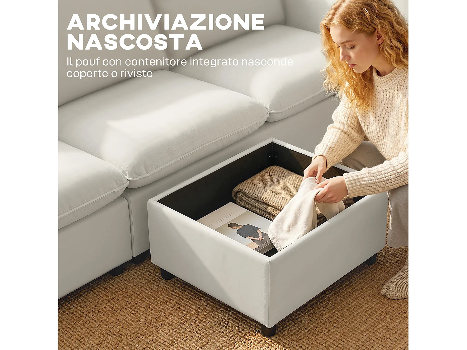 Divano angolare 3 posti con pouf in tessuto effetto pelle bianco crema