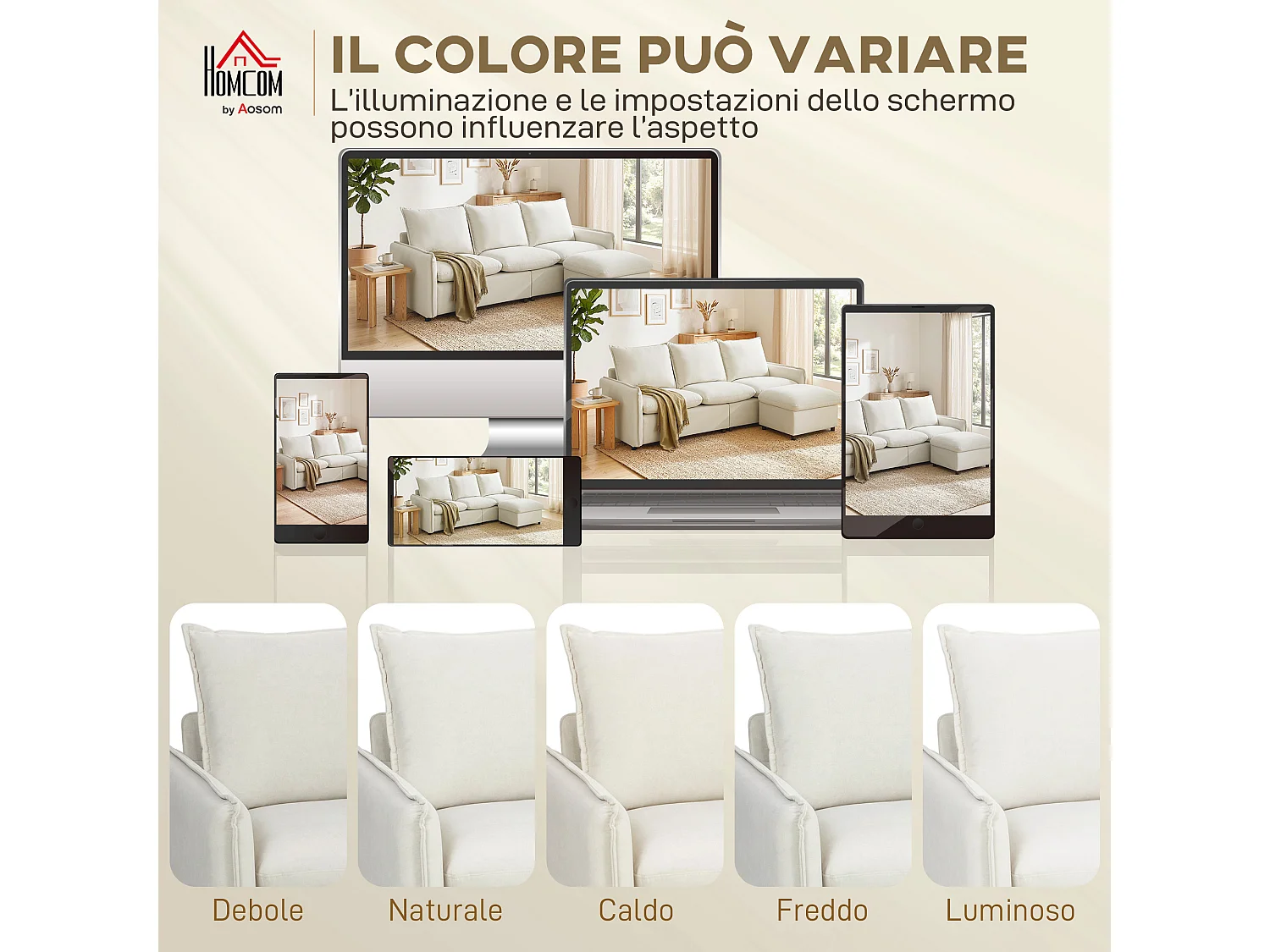 Divano angolare 3 posti con pouf in tessuto effetto pelle bianco crema