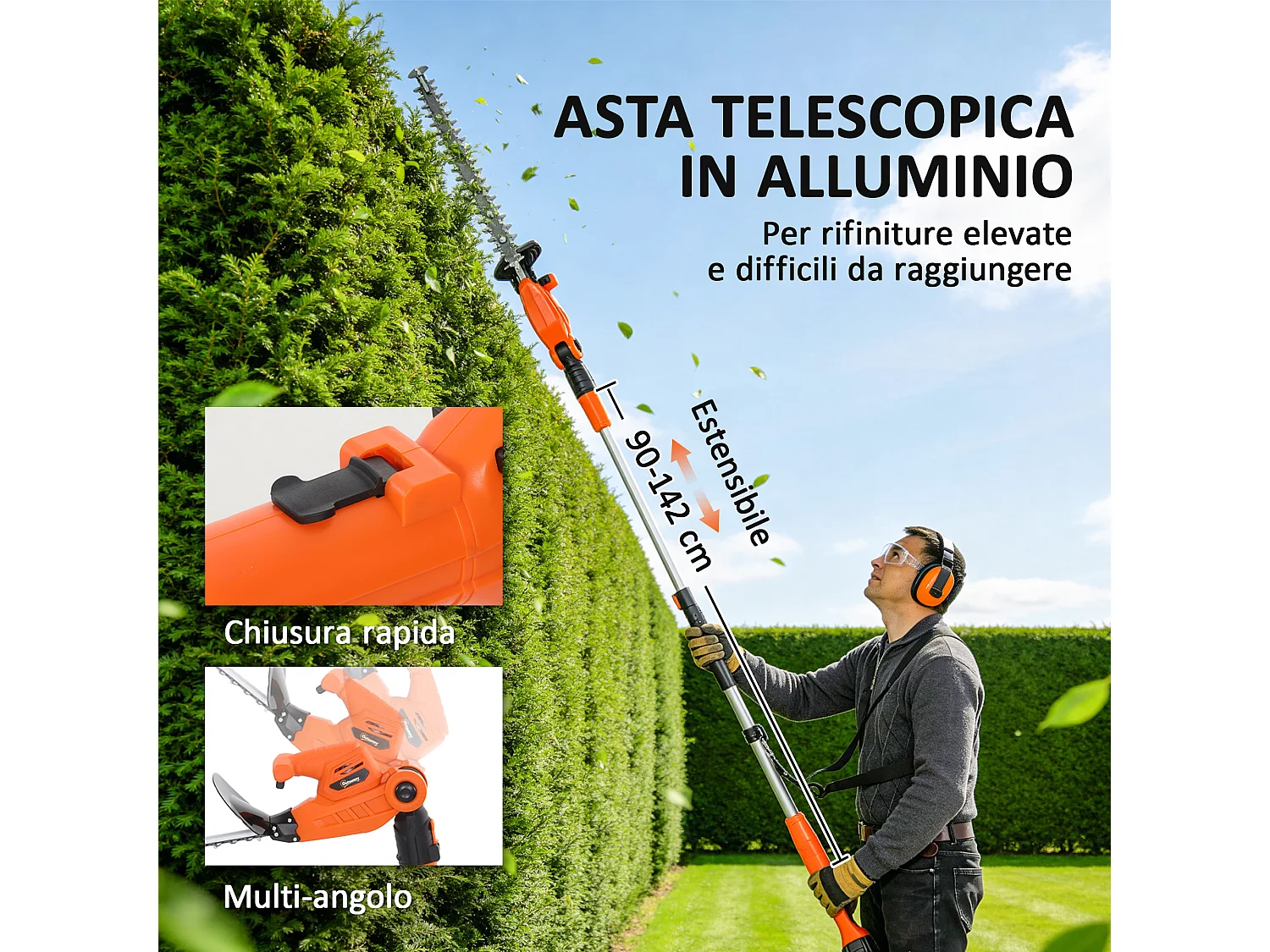 Tagliasiepi telescopico a batteria 18v in alluminio arancione
