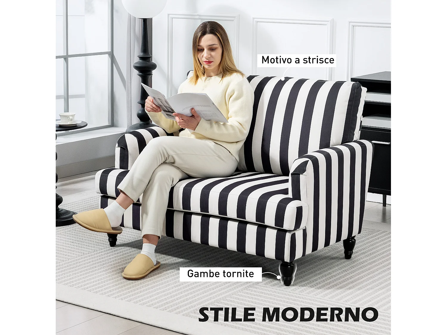 Poltrona da salotto ampia a righe in velluto bianco e nero
