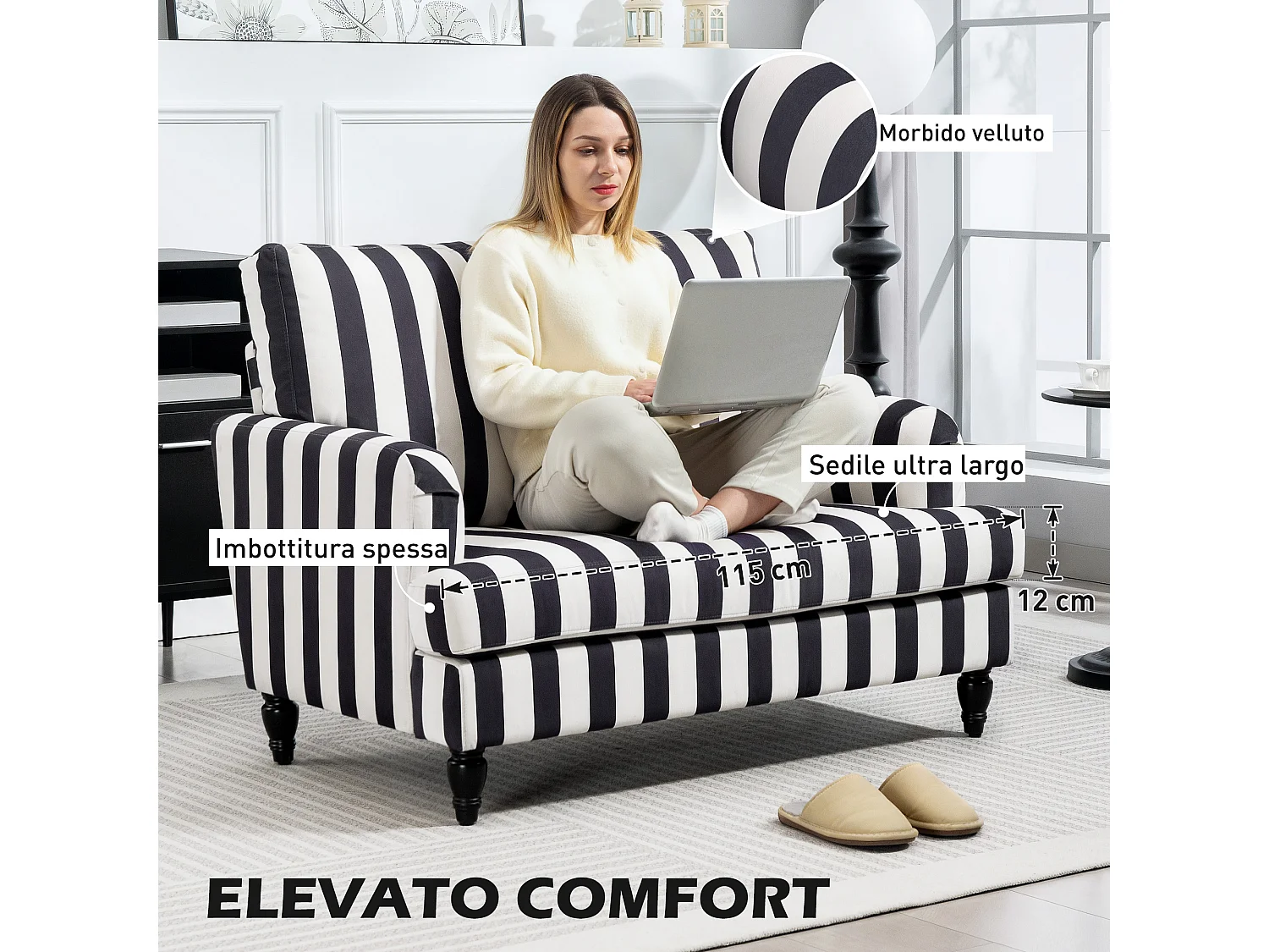 Poltrona da salotto ampia a righe in velluto bianco e nero