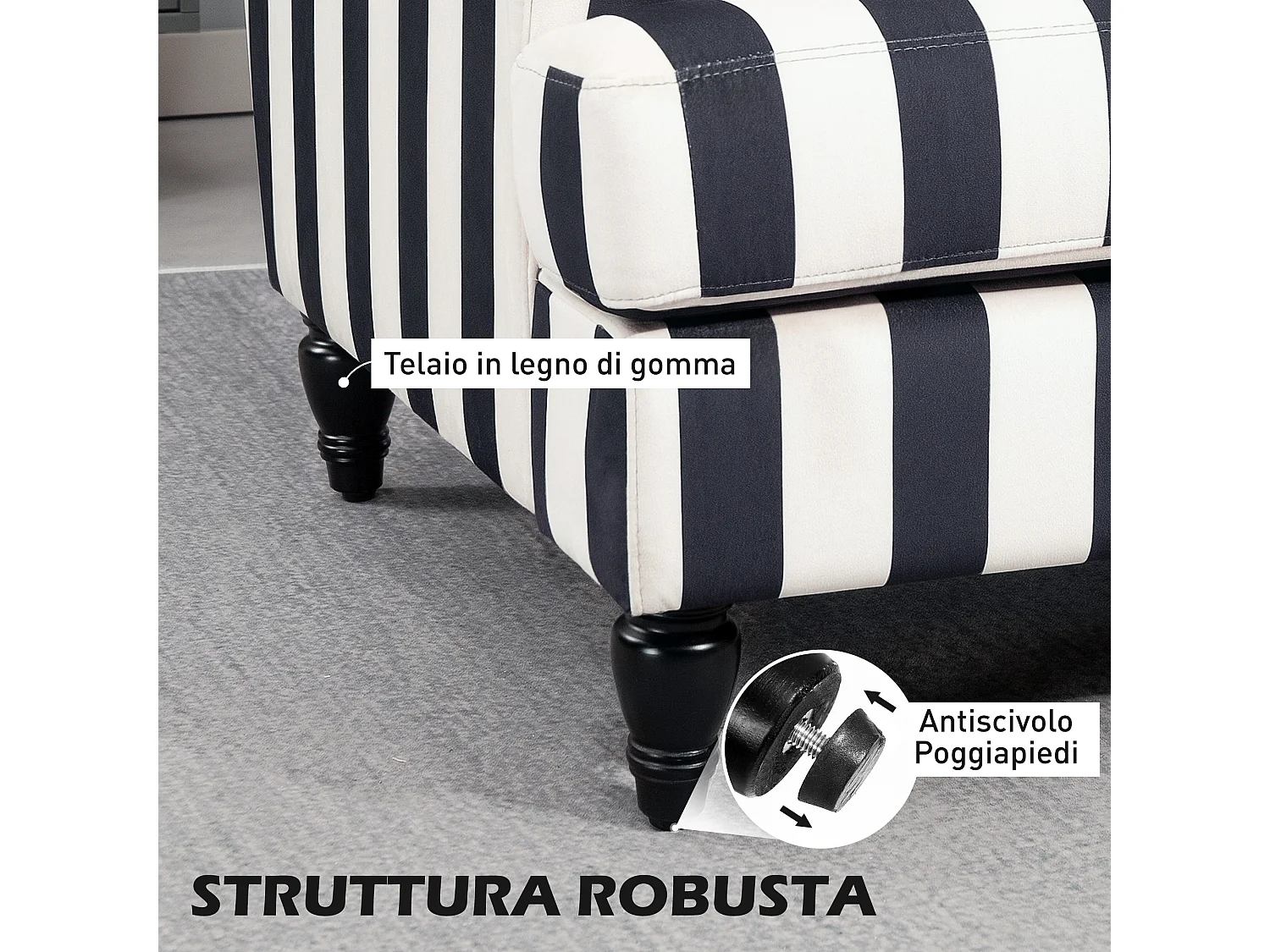 Poltrona da salotto ampia a righe in velluto bianco e nero