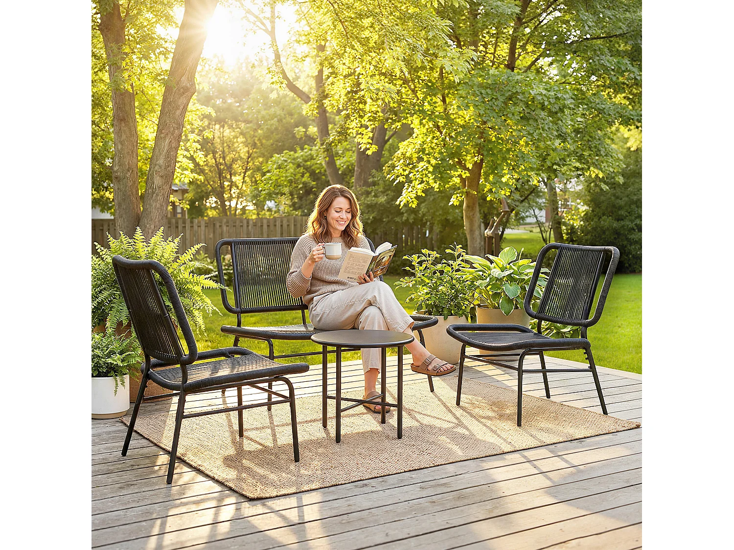 Set mobili da giardino 4 pezzi in rattan nero