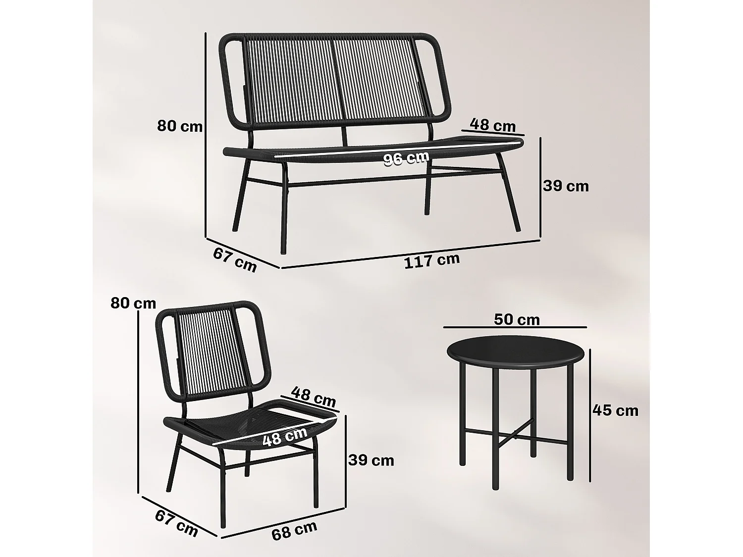 Set mobili da giardino 4 pezzi in rattan nero