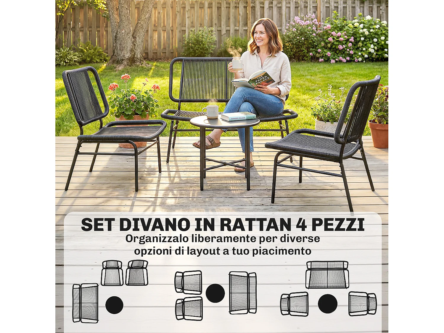 Set mobili da giardino 4 pezzi in rattan nero