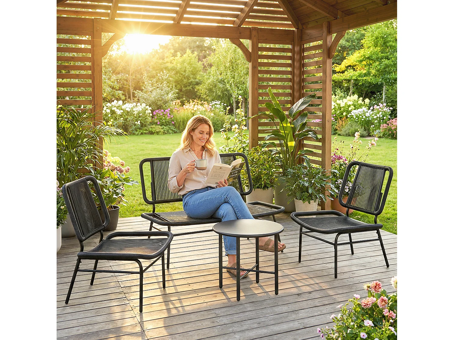 Set mobili da giardino 4 pezzi in rattan nero