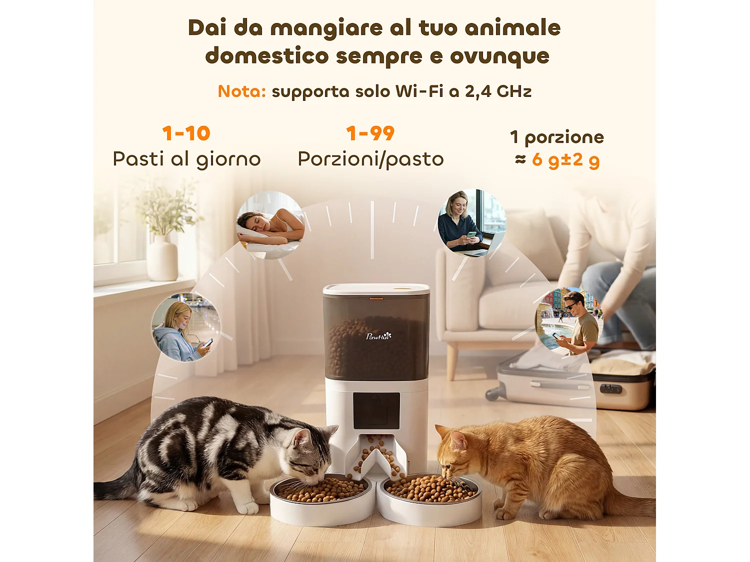Distributore automatico cibo wifi app 2 ciotole in acciaio inox bianco