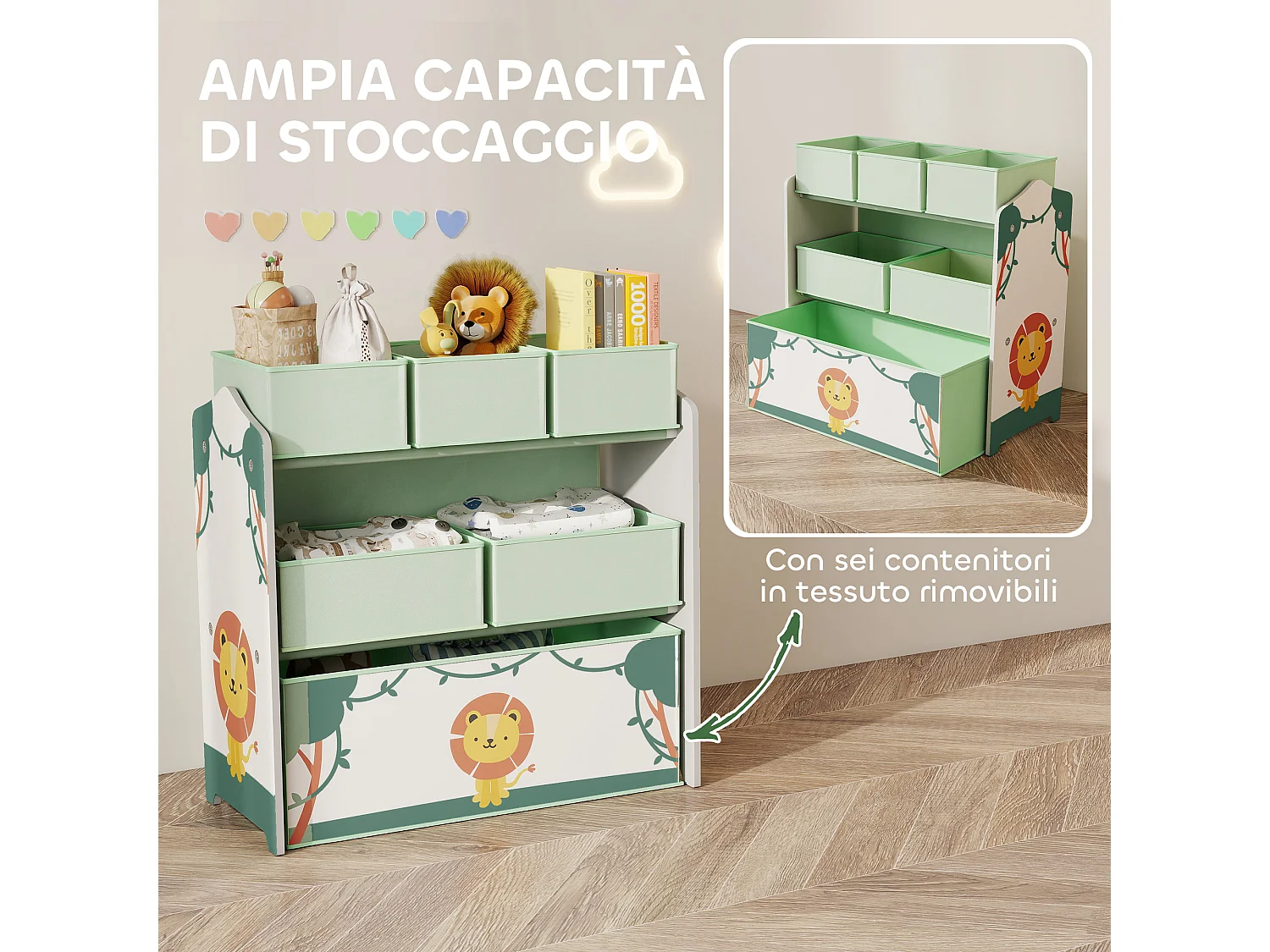 Scaffale portagiochi bambini a tre livelli in tessuto verde