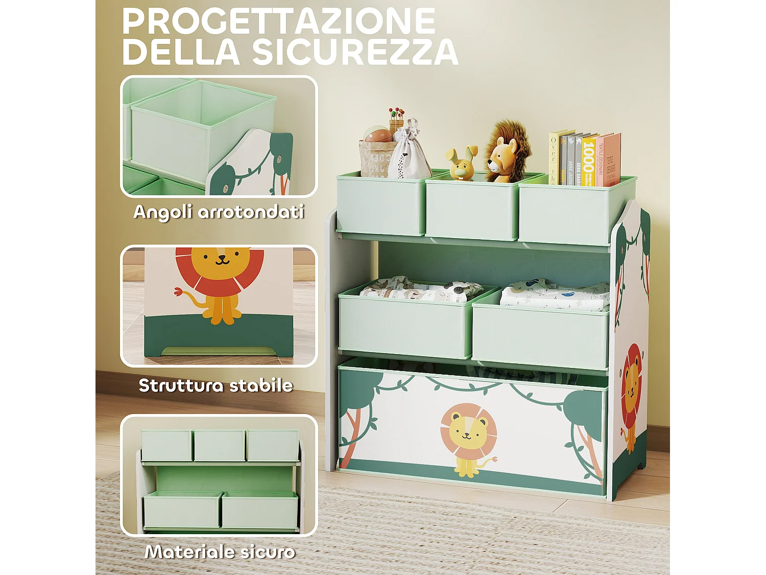 Scaffale portagiochi bambini a tre livelli in tessuto verde