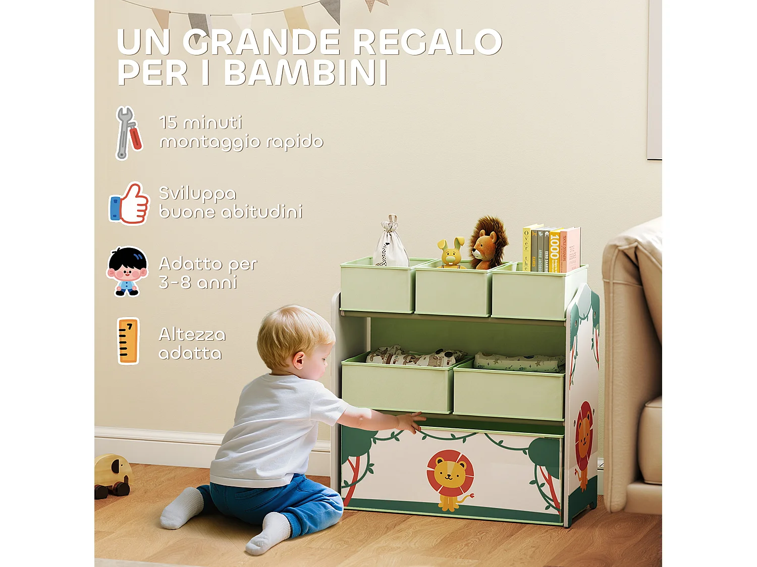 Scaffale portagiochi bambini a tre livelli in tessuto verde
