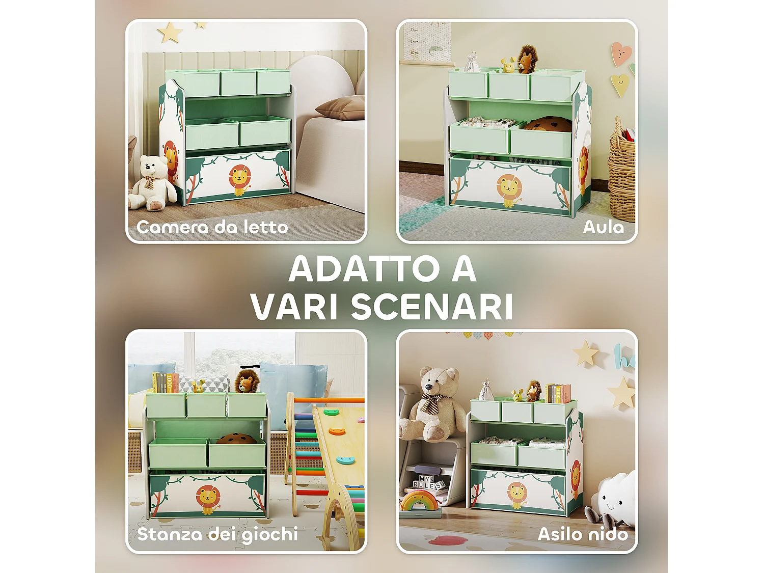 Scaffale portagiochi bambini a tre livelli in tessuto verde