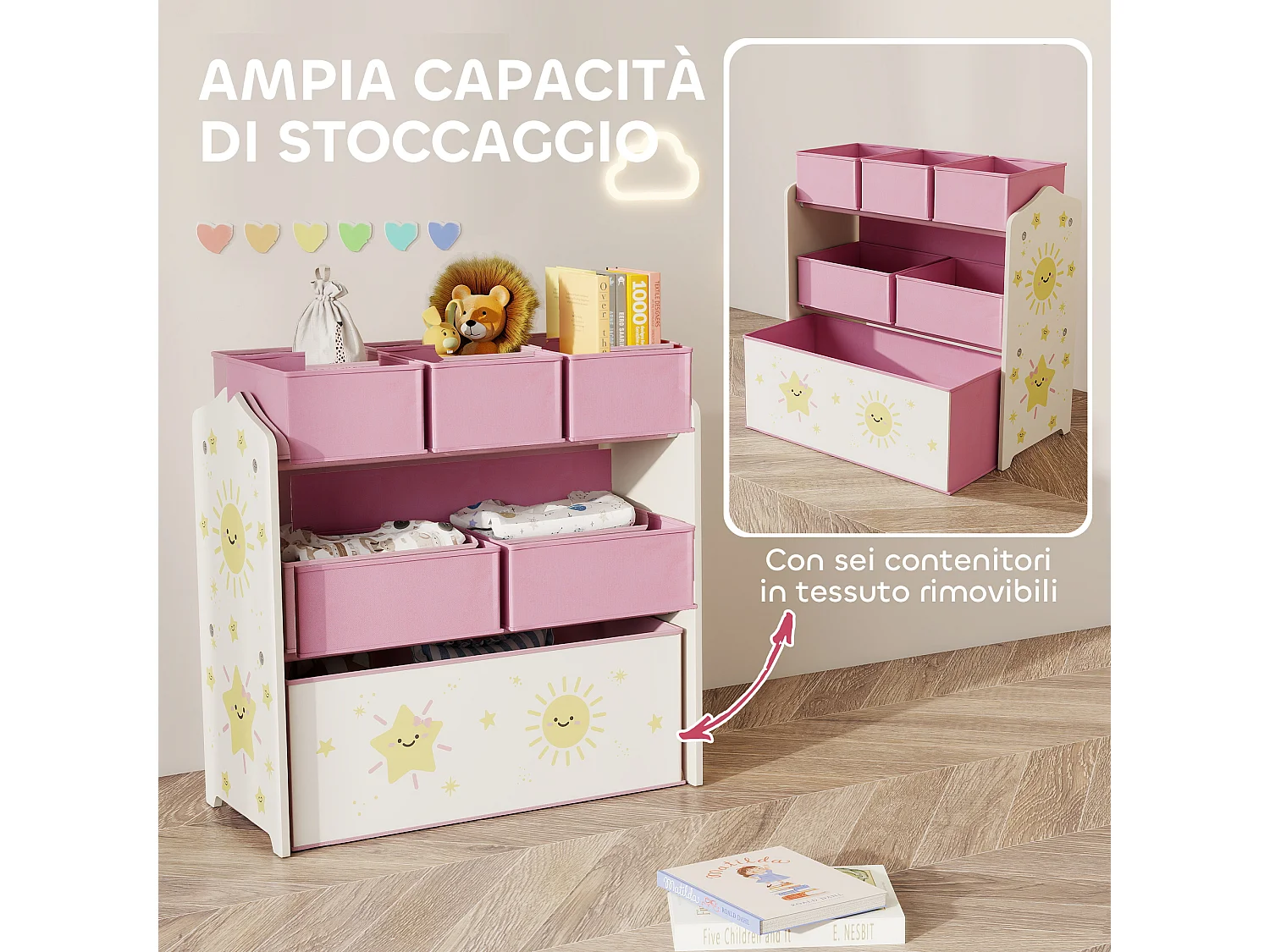 Scaffale portagiochi a 3 livelli con 6 contenitori in tessuto rosa