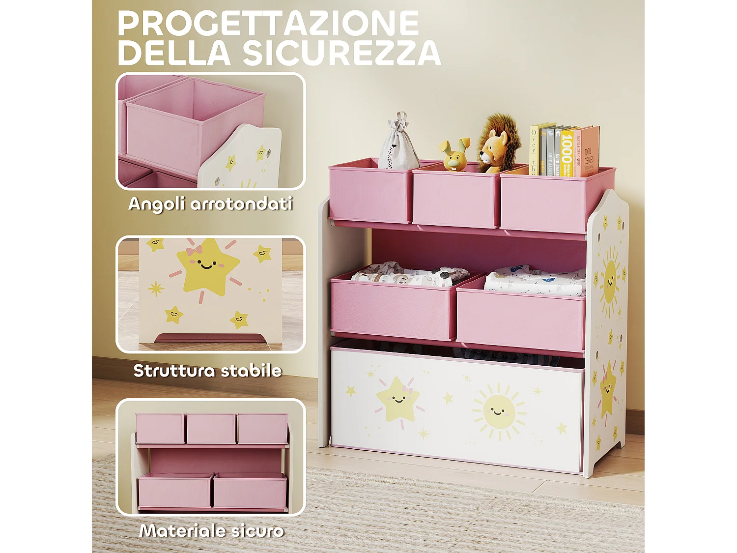 Scaffale portagiochi a 3 livelli con 6 contenitori in tessuto rosa