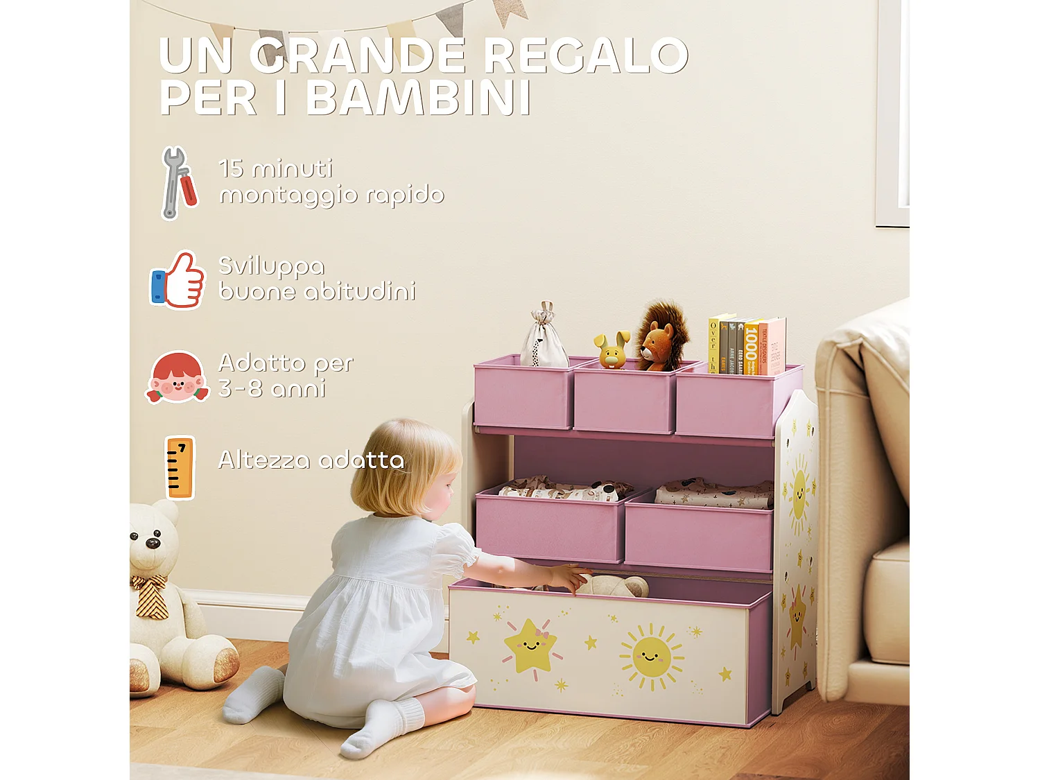 Scaffale portagiochi a 3 livelli con 6 contenitori in tessuto rosa