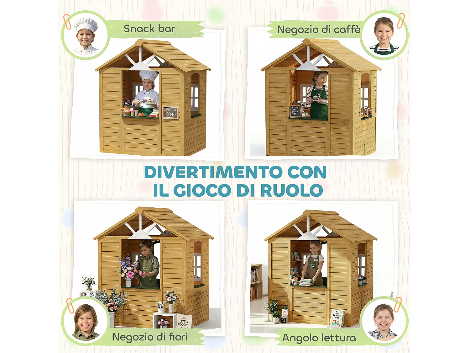 Casetta da gioco per bambini con porta in legno marrone