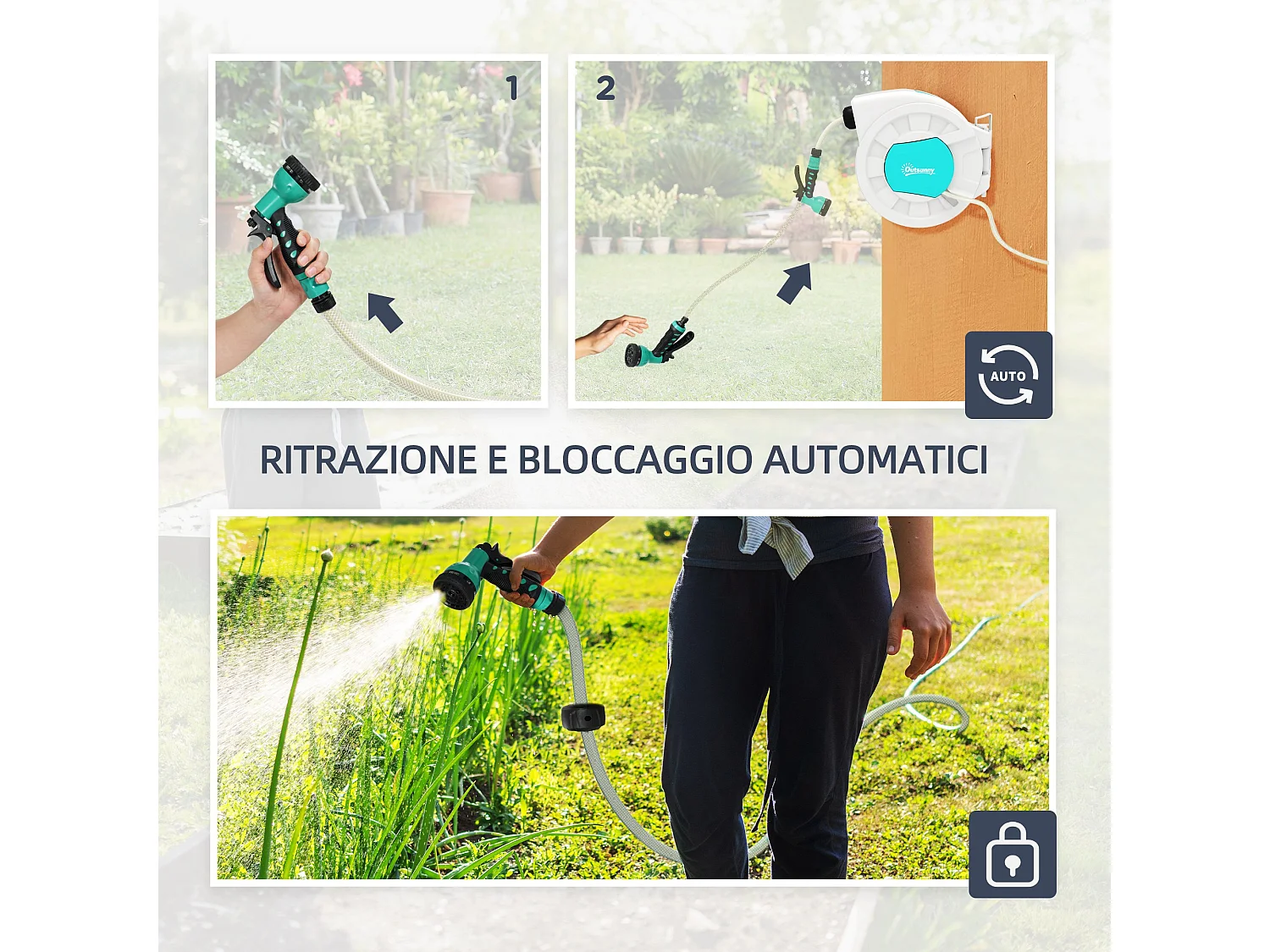 Avvolgitubo automatico da giardino retrattile verde e grigio chiaro