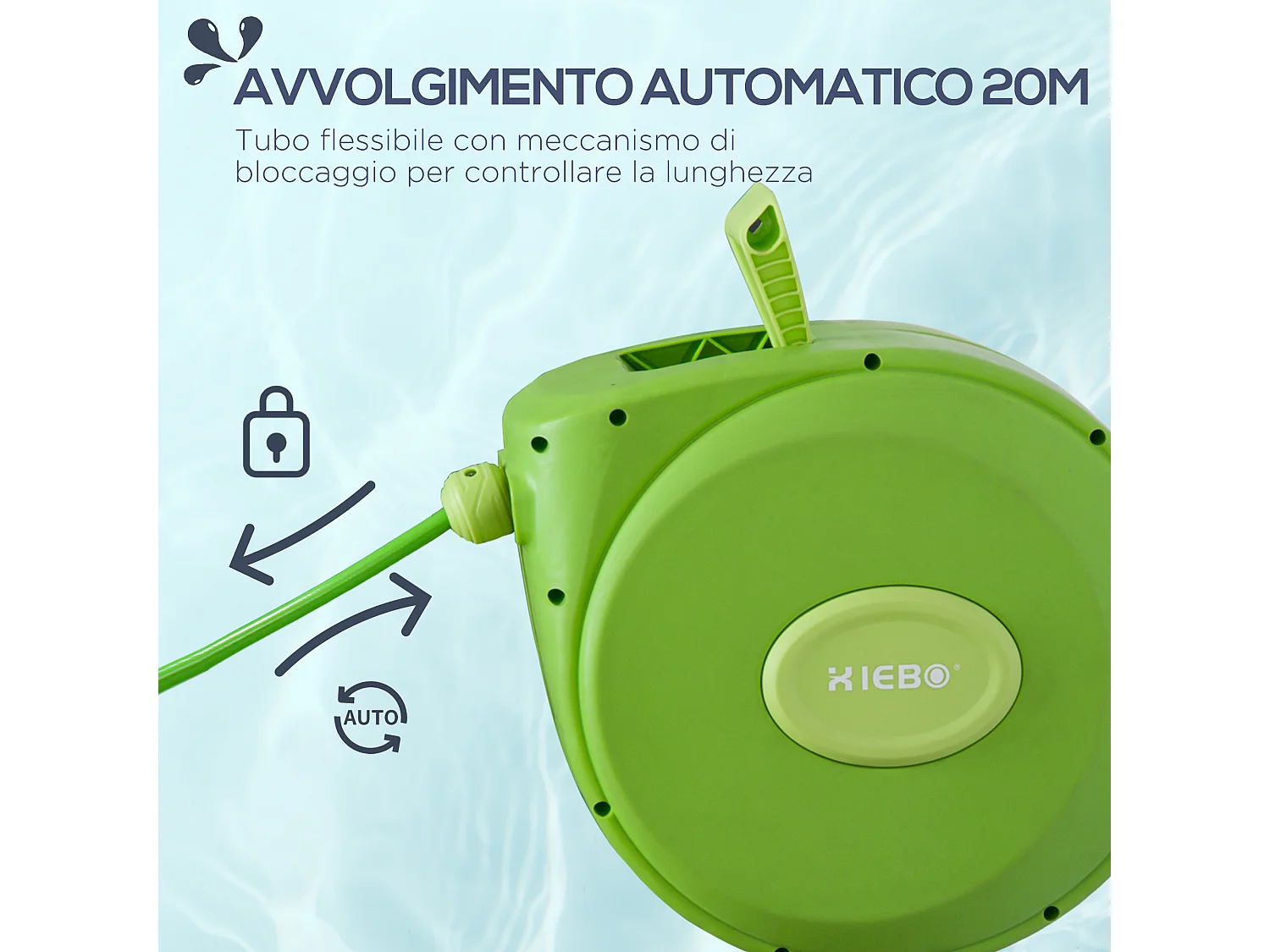 Rullo avvolgitubo automatico con ugello multifunzione da giardino 20 m